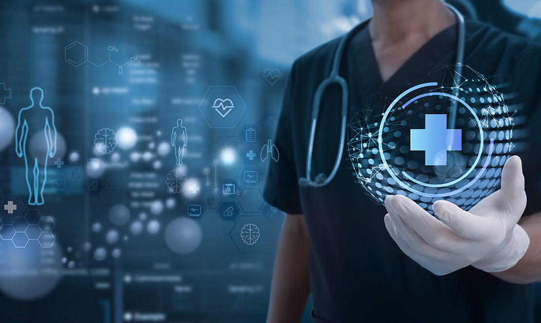 Medical technology. Doctor holding health icon with dna, electronic medical record. Digital healthcare and research with global network connection on hologram virtual screen, insurance, digital health technology