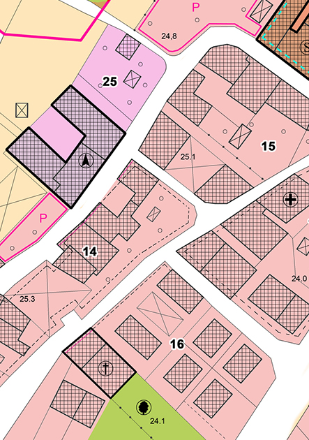 ZONING ORDINANCE CONCEPT with imaginary General Urban Plan, indications of urban destinations with buildings, buildable areas, land plot and real estate land property